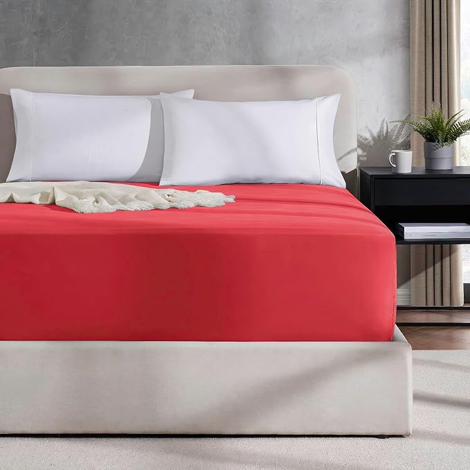 Nestl 2 Pack Red Fitted Sheet Extra Deep Pocket, Hotel Luxury KingFitted Sheet Only Easily Fits 18 to 24 Inch Mattress, Super Soft, Wrinkle-Free and Breathable with Corner Straps
