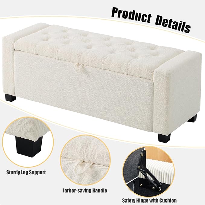 43 Inch Storage Ottoman Bench, Bench for Bedroom End of Bed, Ottoman with Storage for Living Room and Entryway (Boucle Cream)