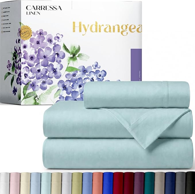 Carressa Linen 100% Egyptian Cotton Twin Sheets Set - 600 Series Hydrangeas Collection Egyptian Cotton Luxury Twin Sheets (3 PC, Sea Foam), 16" Deep Pocket, Soft, Cooling, Sateen Weave Bedding