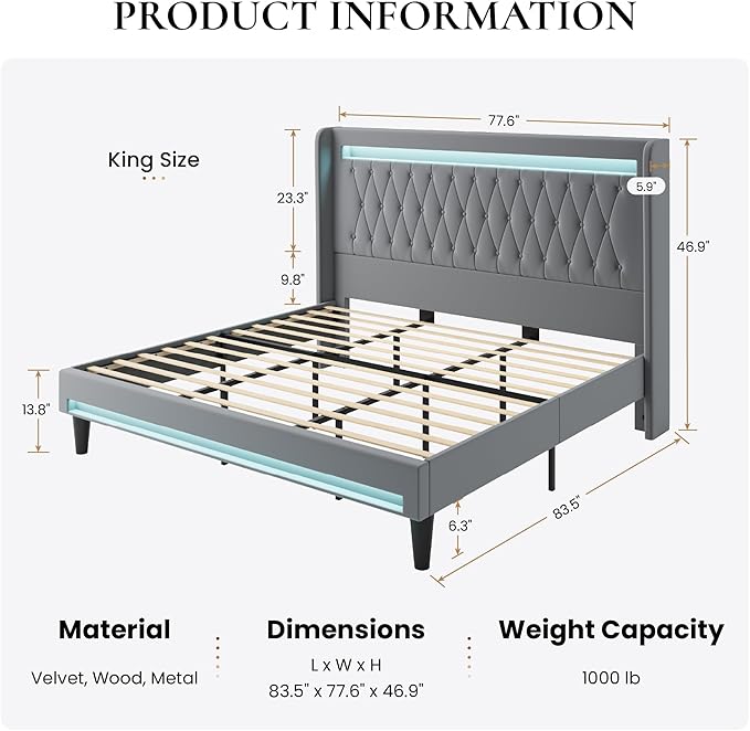 SHA CERLIN King Size LED Bed Frame with Charging Station, Velvet Upholstered Platform Bed with High Wingback Headboard, No Box Spring Needed, Easy Assembly, Grey