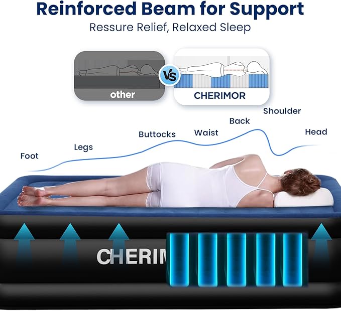 CHERIMOR Queen Air Mattress with Built in Pump, 18" Raised Comfort, Multi-Layer Leakproof, Heavy-Duty Support Blow Up Mattress, 800lbs High Capacity, 3 Min Inflation for Home Camping Guests