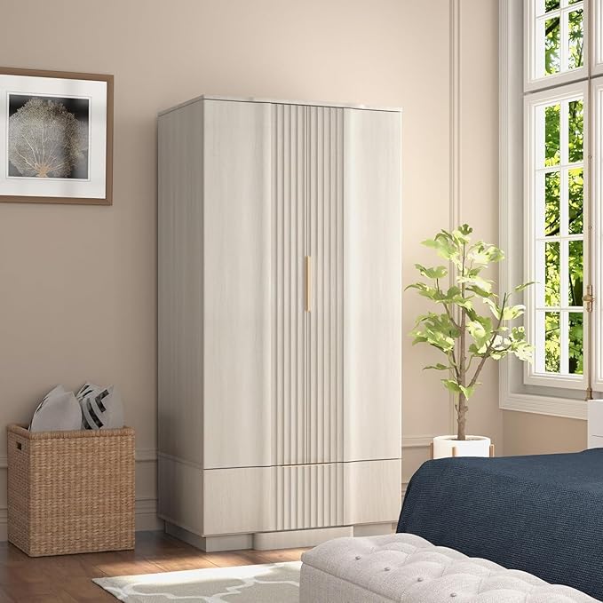 Brafab 67" Fluted Armoire Wardrobe Closet with Drawers and Doors, Wooden Wardrobe Cabinet with Adjustable Shelves, Modern Storage for Clothes, Coats for Bedroom,White Oak (1 pcs)