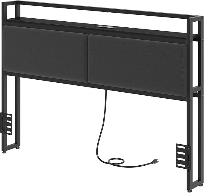 YATINEY Queen Size Headboard with Storage Shelves, Upholstered Headboard with Charging Station, Height Adjustable, Sturdy and Stable, Vintage Style, Black