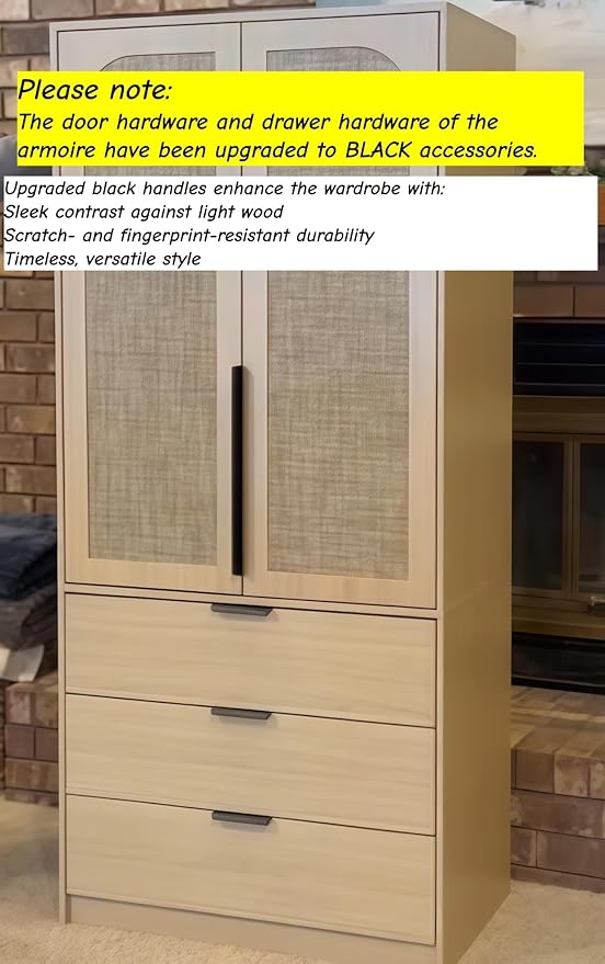 GarveeHome Armoire Wardrobe Closet, 69.5 in Wooden Wardrobe Cabinet with 3 Drawers, Hanging Rod, 2 Doors Clothing Storage Cabinet for Bedroom, Large Capacity Storage, Rattan Door, Natural