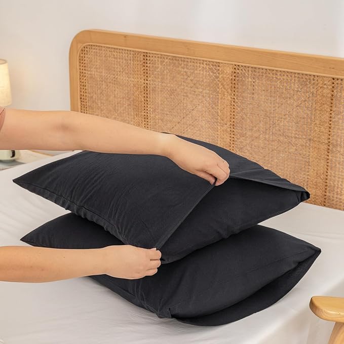 BESTOUCH 100% Washed Cotton Pillowcase for Hair and Skin Linen Feel Soft Comfortable Breathable 2 Set Pillow Case with Envelope Closure Solid Dark Black Standard 20x26 Inches