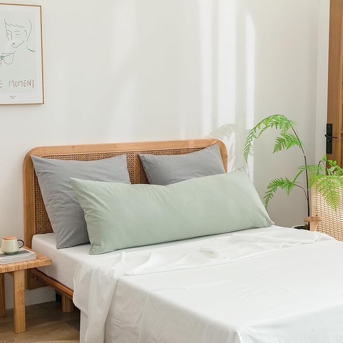 BESTOUCH 100% Washed Cotton Pillowcase for Hair and Skin Linen Feel Soft Comfortable Breathable 1 Pcs Pillow Case with Envelope Closure Solid Sage Green Body 20x54 Inches