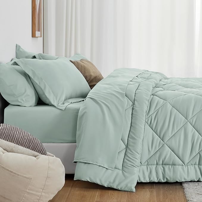Love's cabin Queen Comforter Set Aqua, 7 Pieces Queen Bed in a Bag, All Season Bedding Sets with 1 Comforter, 1 Flat Sheet, 1 Fitted Sheet, 2 Pillowcase and 2 Pillow Sham | Soft, Breathable, Lightweight, Comfortable