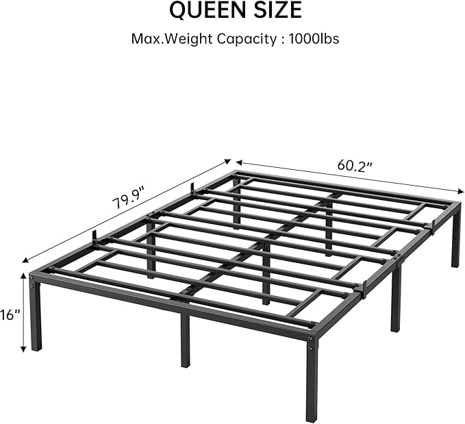 GarveeHome Queen Size Bed Frame, 16 Inch Metal Platform Bed Frames with Heavy Duty Steel Slat Support, No Box Spring Needed, Noise Free,Anti-Sliding Slat,Easy Assembly, Under Bed Storage