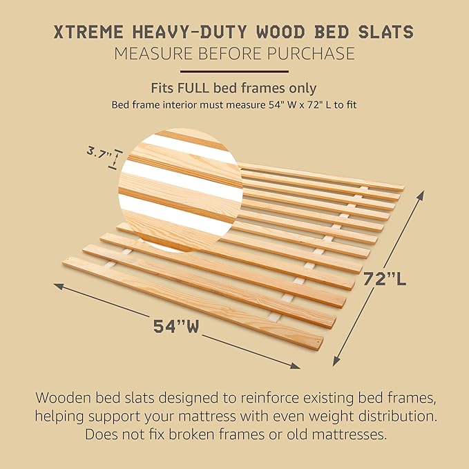 Hercules Xtreme Bed Frame Support Slats, Heavy-Duty Solid Pine Wood Bunkie Board Under Bed-Support, Wooden Support Board for Sagging, Full Size