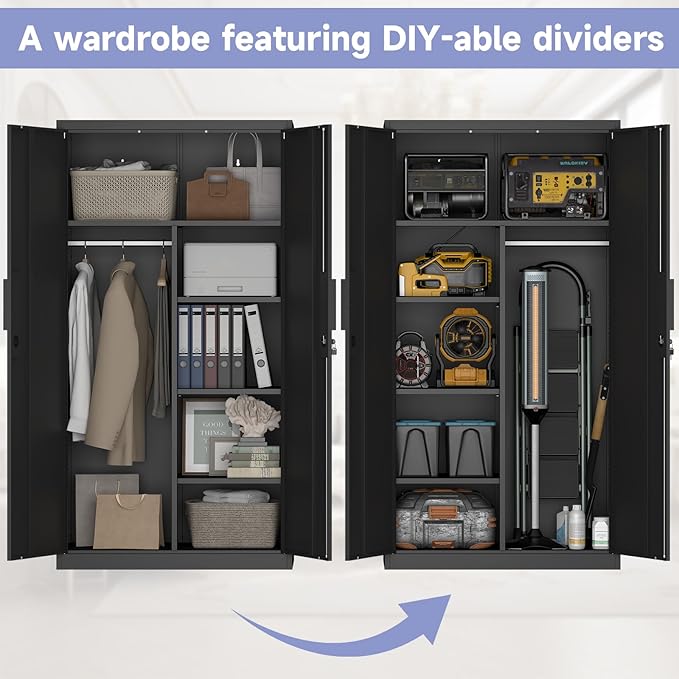 IRONFFICE Metal Storage Cabinet,Steel Armoire Wardrobe Closet with Adjustable Shelves,Hanging Rod,Almirah for Clothes,Locking Wardrobe Cabinet for Bedroom,Home,Black