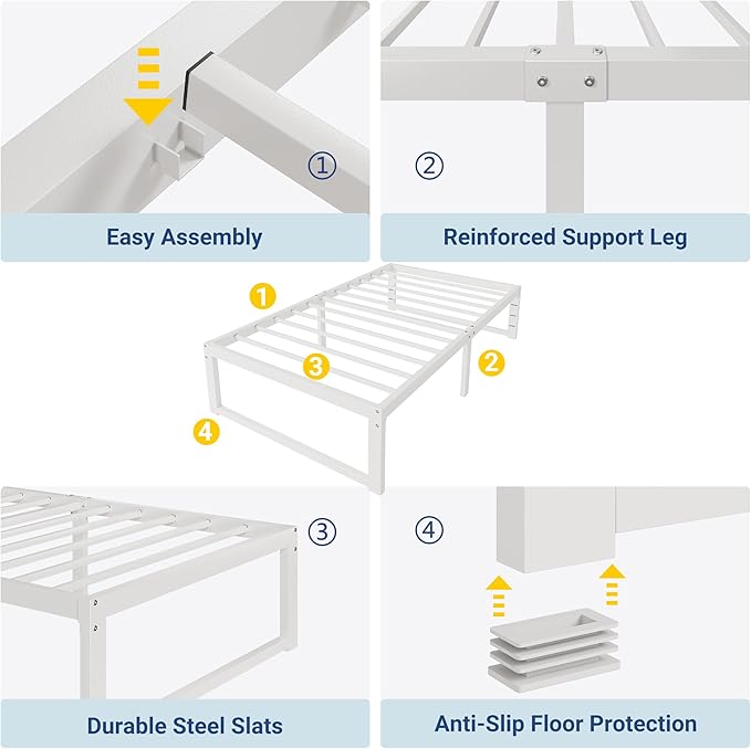 Allewie Twin Bed Frame, 14 Inch Metal Platform Bed Frame with 4000LBS Heavy Duty Steel Slats Support, Noise Free, Easy Assembly, No Box Spring Needed, White