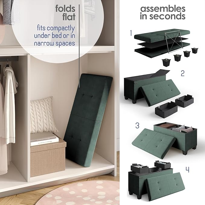 Storage Ottoman Bench with Bins, 30-in Storage Bench for Bedroom End of Bed, Folding Foot Rest Ottoman for Living Room Max 660lbs, Velvet Ottomans, Green