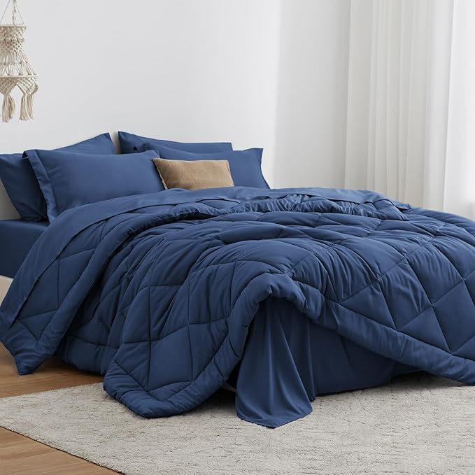 Love's cabin Full Comforter Set Dark Blue, 7 Pieces Full Bed in a Bag, All Season Bedding Sets with 1 Comforter, 1 Flat Sheet, 1 Fitted Sheet, 2 Pillowcase and 2 Pillow Sham | Soft, Breathable, Lightweight, Comfortable