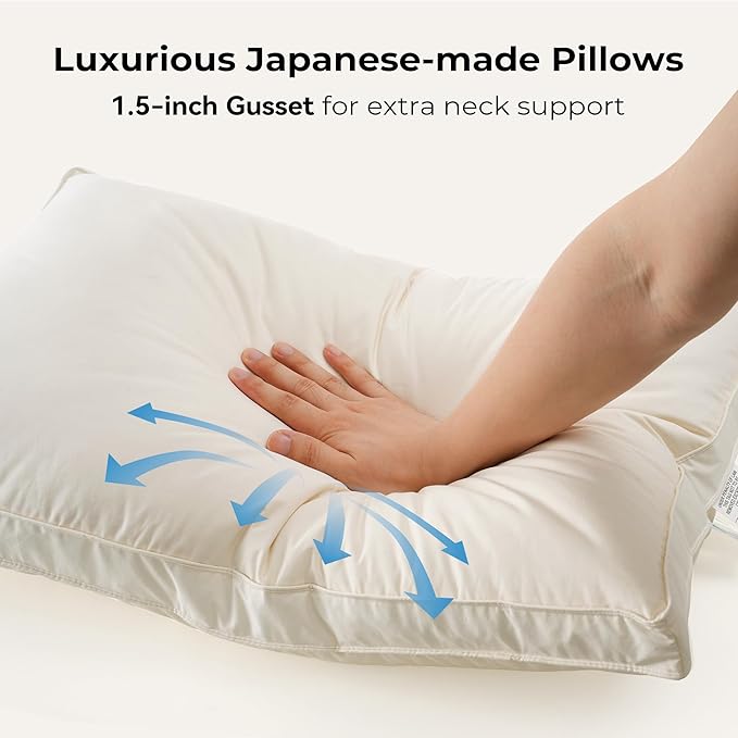 UNIKOME White Goose Down Feather Gusseted Pillows - 100% Organic Cotton Cover - Standard Size Pillow Set of 2, Made in Japan Pillow for Sleeping