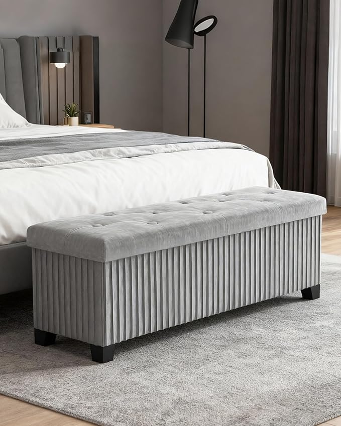 LITZFUR Storage Ottoman Bench, 43 Inch Foldable Ottoman with Legs, Velvet Foot Rest Stool, End of Bed Bench, Storage Chest for Living Room, Bedroom (Grey)