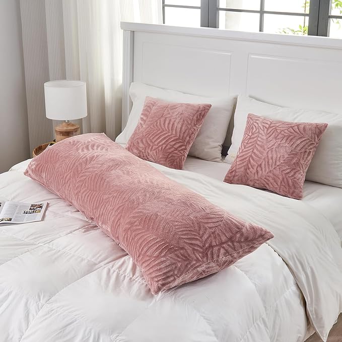 SOCHOW Body Pillow Cover 21x54 Inches, Super Soft and Cozy Leaves Textured Fleece Long Body Pillowcase with Zipper Closure,1 Pack, Dusty Pink