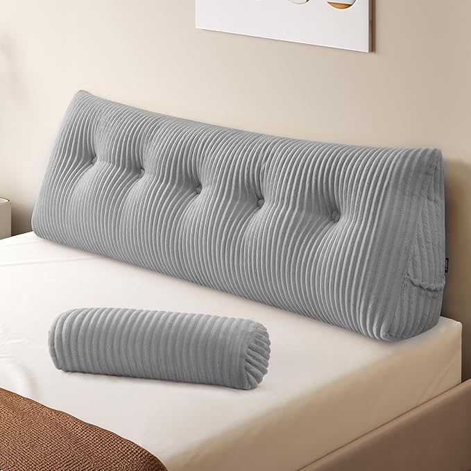Z-hom Large Wedge Pillow Headboard, Queen Triangular Headboard Pillow, Reading Pillow Bed with a Roll Pillow for Bed Sitting Up Sleeping, Backrest Cushion Headboard Gap Pillow for Back, Light Gray