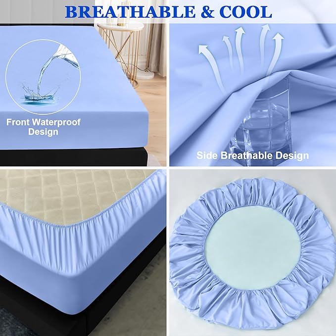 Sufdari Queen Size Mattress Protector,Waterproof Mattress Protector,Fitted Sheet Style Mattress Cover with 18" Deep Pocket,Washable and Comfortable-Blue,Queen