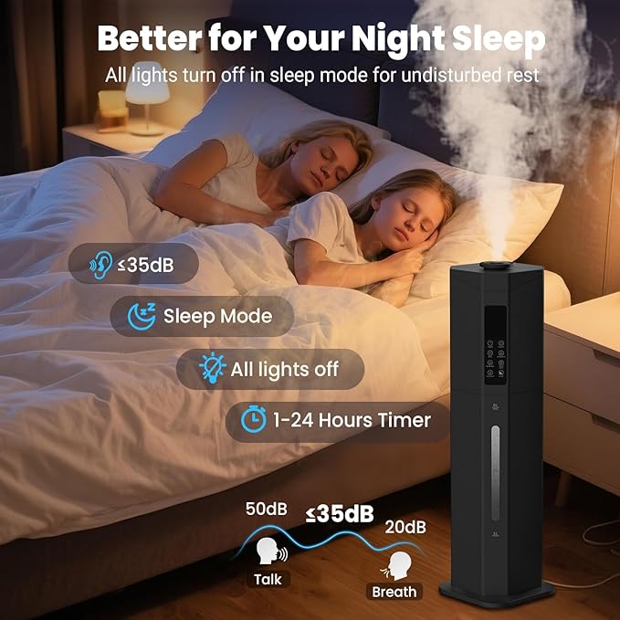 Humidifiers for Bedroom - GloryAir 2.38Gal/9L Top Fill Warm & Cool Mist Humidifier for Large Room 750ft² with Auto Mode 7-Color Light, Humidistat, Quiet Humidifier for Plants Baby Adults Home & Office