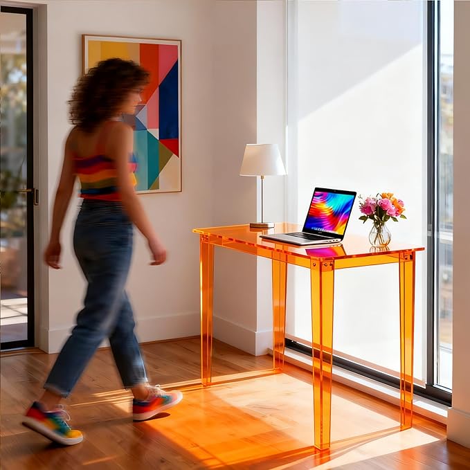 Acrylic Desk, Clear Modern Writing Table for Home Office (Orange, Small)