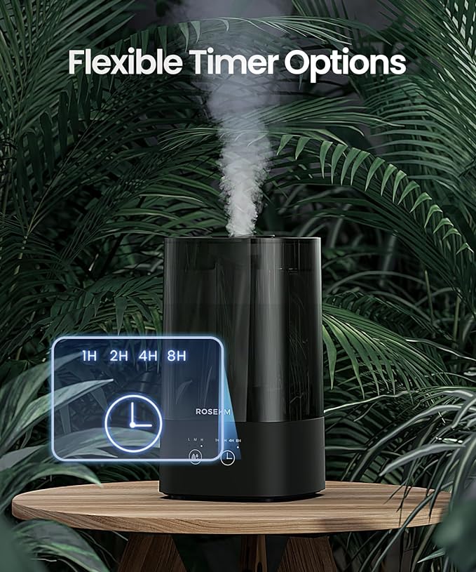 ROSEKM 4.5L Humidifiers for Bedroom, Humidifiers for Home Large Room, Cool Mist Humidfiers for Baby and Plant with Timer, Adjustable Mist Level, 360° Nozzle, Auto Shut-Off, Black