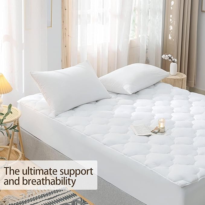 WhatsBedding Waterproof Mattress Pad King Cotton Top Down Alternative Filling Pillowtop Mattress Topper Cover-Fitted Quilted (Waterproof King Size Mattress Pad)