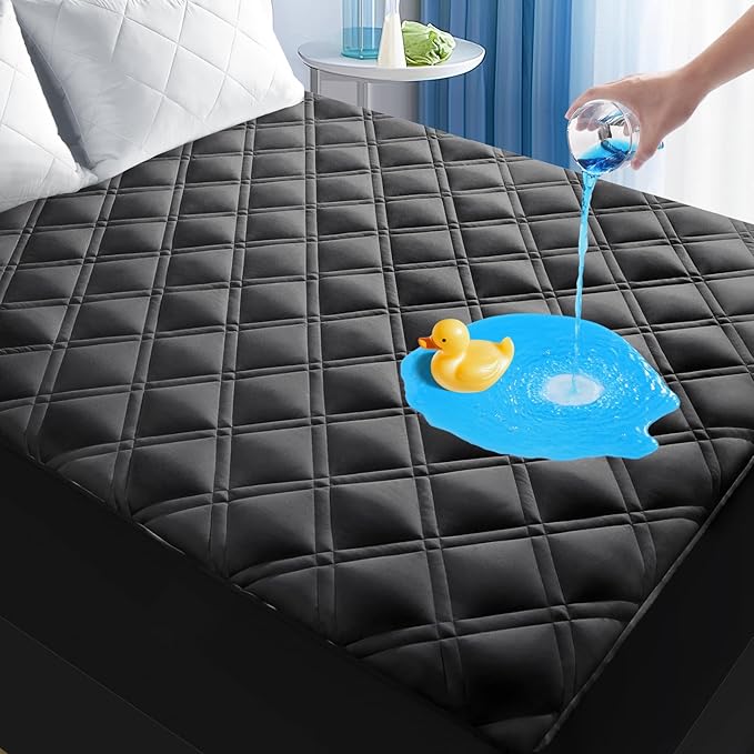 MEELUS Waterproof Full Mattress Protector, Breathable Full Mattress Pad Cover Fitted Deep Pocket 8"-21", Soft Noiseless Mattress Cover Washable Padded for Home Bedroom, Black