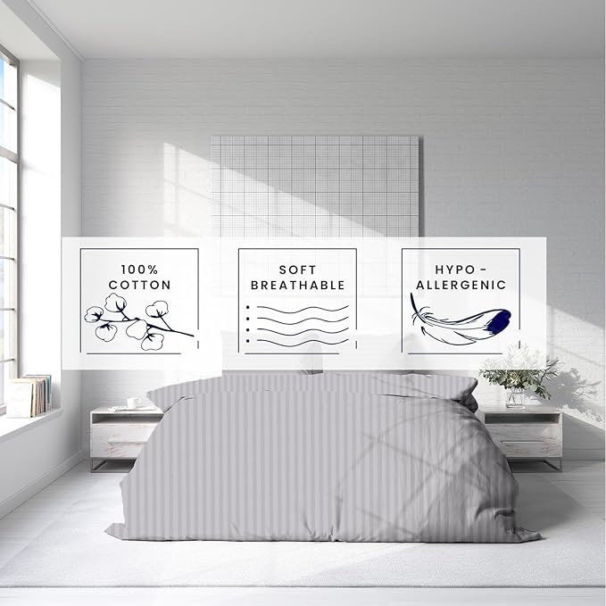 Kotton Culture 1 Pc Twin Size Duvet Cover Only -100% Egyptian Cotton 600 TC Ultra Soft Premium Durable Comforter Cover Zipper Closure & Corner Ties (Striped Silver, Twin/Twin XL 68" X 90")