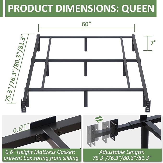 Queen Metal Bed Frame, 7 Inch Low Heavy Duty Platform Bed Frames Queen Size for Box Spring and Mattress, Easy Assembly, Noise-Free, Adjustable, Black