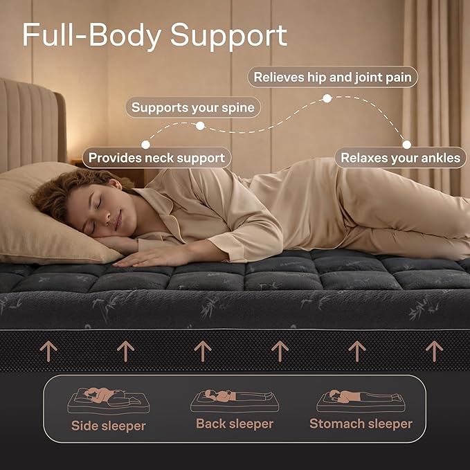 Dual-Layer 4 Inch King Size Mattress Topper - 2” Memory Foam + 2” Viscose Made from Bamboo Mattress Pad - Double the Comfort & Back Support - Removable & Machine-Washable Cover, Dark Gray