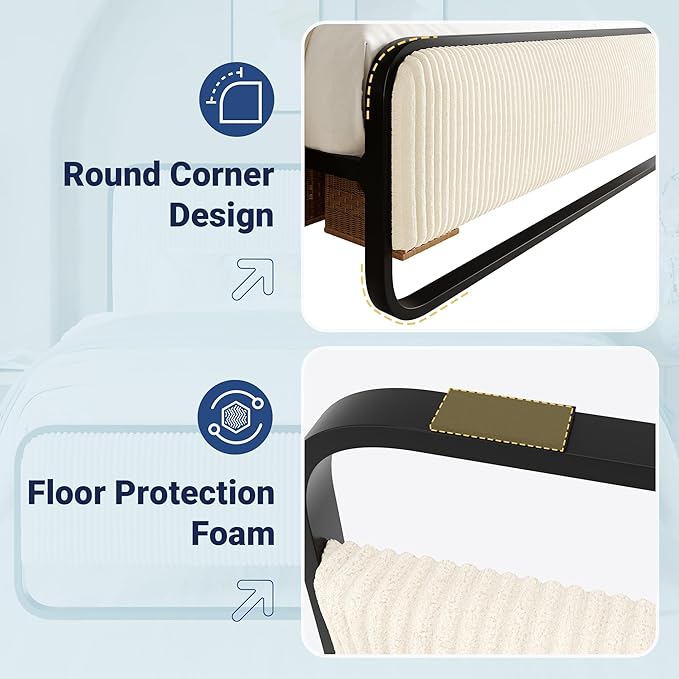 Allewie Queen Size Metal Bed Frame with Curved Corduroy Upholstered Headboard and Footboard, Platform Bed Frame with 12.4" Under Bed Storage, No Box Spring Needed, Boho Style, Cream