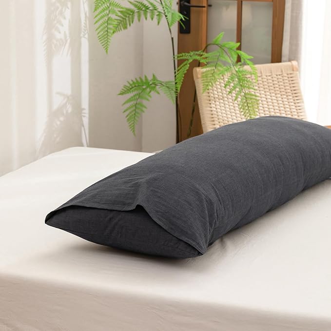 BESTOUCH 100% Washed Cotton Pillowcase for Hair and Skin Linen Feel Soft Comfortable Breathable 1 Pcs Pillow Case with Envelope Closure Solid Dark Black Body 20x54 Inches