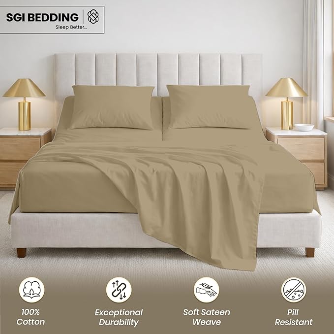 SGI bedding 32" King Split Top Flex Head Sheet 100% Egyptian Cotton Sheet Set 1000 Thread Count Flex Top Sheet for Adjustable Bed 4Pc Sheet Set 15" Deep Pocket for Sleep Number Bed- Beige