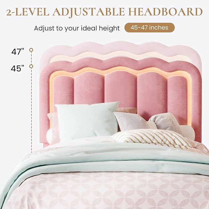 SHA CERLIN Upholstered Twin Size Bed Frame with LED Lights and Large Storage Drawer, Velvet Platform Bed with Adjustable Wavy Headboard, Noise Free, Easy Assembly, No Box Spring Needed, Soft Pink