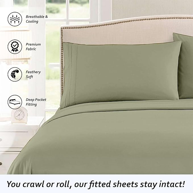 Queen RV Camper Sheet Set (60x80) – 100% Egyptian Cotton, Soft & Cooling, 16” Deep Pocket Fitted Sheet, Luxury Hotel Quality Bedding for RVs, Campers & Motorhomes (Sage Solid)