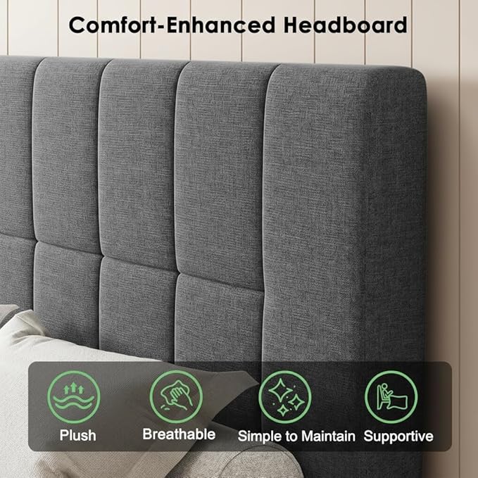 Marsail Twin Size Bed Frame and Mattress Set with Adjustable Upholstered Headboard and 8-inch Gel Memory Foam, Sturdy and Durable with 12 Support Legs, Breathable Cooling, Easy Assembly, Dark Gray