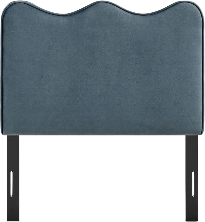 Monday Athena Twin Size Performance Velvet Adjustable Headboard in Cadet Blue - with Scalloped Wave Design and Stain-Resistant Velvet Upholstery