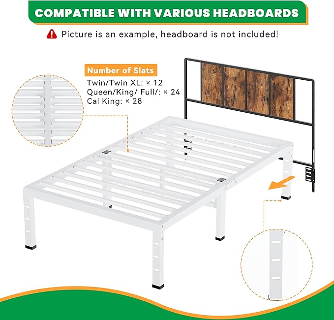 14 Inch Twin Bed Frames, Heavy Duty Metal Platform 3500 lbs Capacity, No Box Spring Needed, 6 Mattress Slide Stopper, Headboard Holes, Noise-Free, Easy Assembly, White