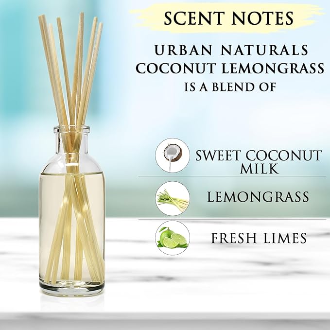 Urban Naturals Coconut Lemongrass Home Fragrance Reed Diffuser Oil Set | Tropical Blend of Lemongrass, Fresh Limes & Sweet Coconut Milk | Great Home Gift Idea! Vegan. Made in the USA