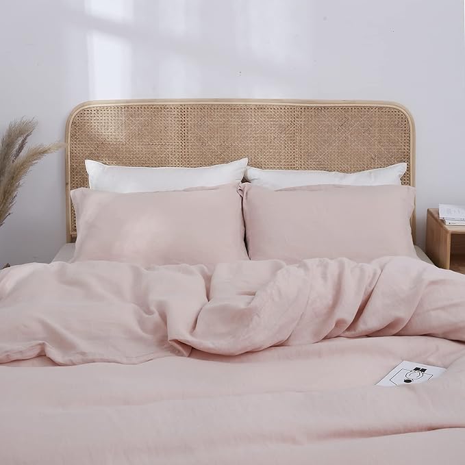 Simple&Opulence 100% Linen Duvet Cover Set 3pcs Basic Style Natural French Washed Flax Solid Color Soft Breathable Farmhouse Bedding with Button Closure - Blush Pink, Full