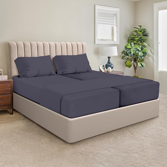 SGI Split King Sheet Set for Adjustable Bed Egyptian Premium Cotton 600 Thread Count Sheets for Sleep Number Bed 15" Deep Pocket 5 Pc Set with 2 Twin XL Fitted Sheets Soft Breathable -Dark Gray