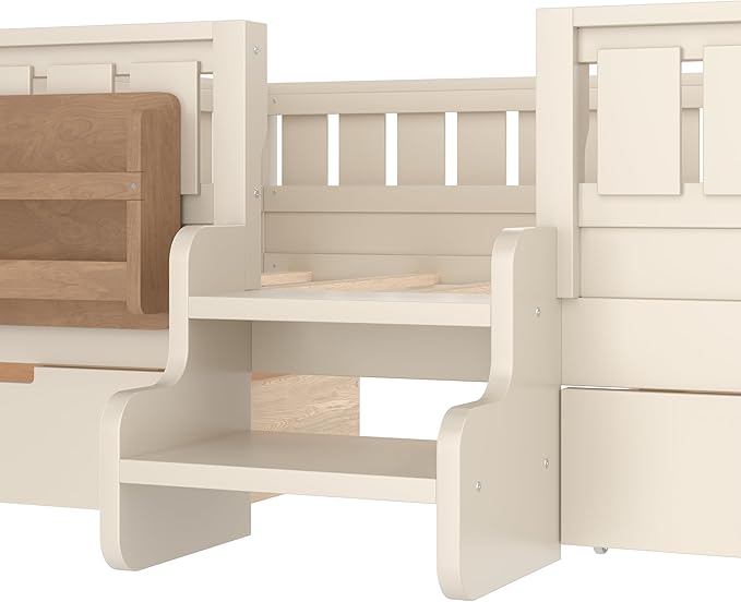 Bellemave Full Size Kids Montessori Bed with Stairs and Bookshelf,Solid Wood Full Size Kids Bed Frame with Drawers and Storage for Girls Boys,Low-Profile,Beige