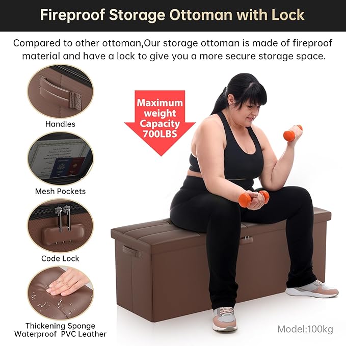 ENGPOW Storage Ottoman, Fireproof Folding Bench with Lock(15”x 43”x15”), Water-Resistant ＆ Heat Insulation Large Storage Chest with Handles＆2 Extra Spaces Safe for Living Room, Bedroom, Home, Brown