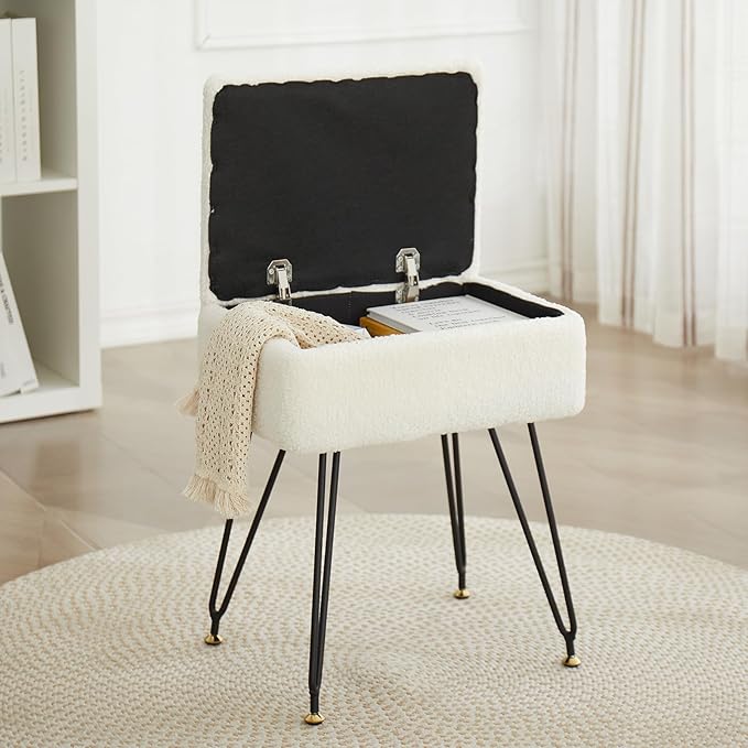 Vanity Stool Chair, Faux Teddy Fur Ottoman Foot Stool with Metal Legs & Adjustable Black Feet, Flip Top Storage Makeup Chair with Soft Padded Seat, Foot Rest for Makeup Room Bedroom, White