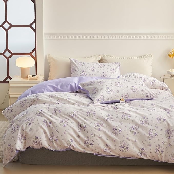 VM VOUGEMARKET Purple Flower Duvet Cover Set Twin Cotton 3 Pcs Girls White Lavender Comforter Cover with Zipper Closure,Romantic Duvet Cover + 2 Pillowcases for Spring