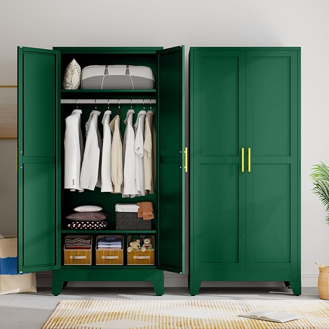 Metal Wardrobe Storage Cabinet with Hanging Rod,71'' Metal Clothing Cabinet with 2 Doors and 2 Adjustable Shelves for Bedroom, Laundry Room, Cloak Room (2 Doors-71'', Green)