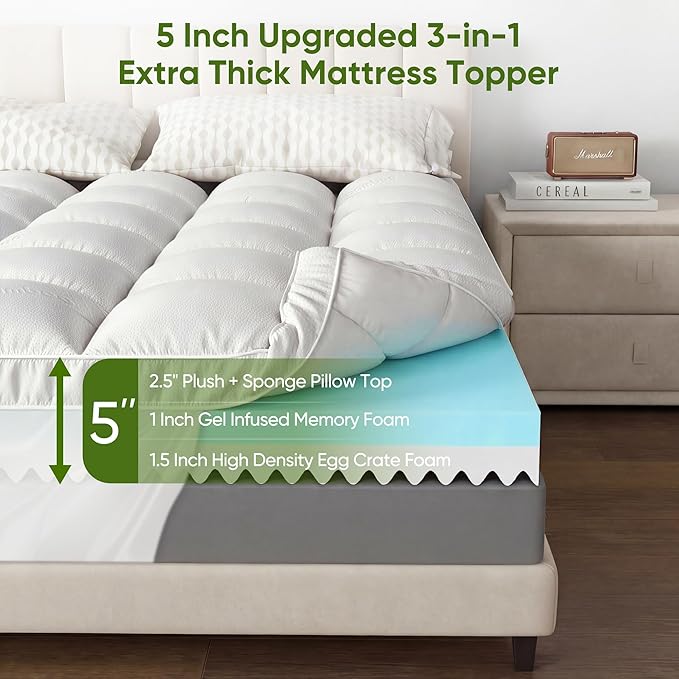 5 Inch Twin XL Mattress Topper,Memory Foam Mattress Toppers-2.5" Cooling Gel Foam Mattress Pad+2.5" 1500GSM Thick Bamboo Pillow Top with 2X Soft and Supportive for Back Pain Relief,80 * 39 * 5in