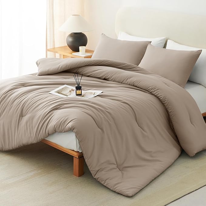 CozyLux Full Size Comforter Set Khaki, 3 Pieces Solid Breathable Quilted Bedding Sets, Luxury Lightweight Soft Bed Set with Down Alternative Comforter and 2 Pillowcases for All Seasons