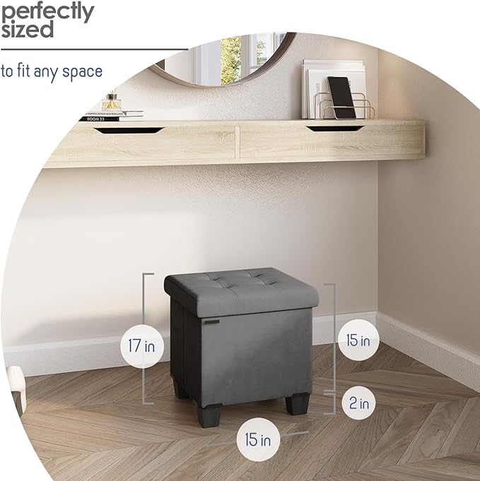Storage Ottoman Cube with Small Bin, 15-in Square Ottoman with Storage for Living Room and Bedroom, Small Ottomans Foot Rest, Velvet Foot Stools Ottomans Max 330lbs, Grey