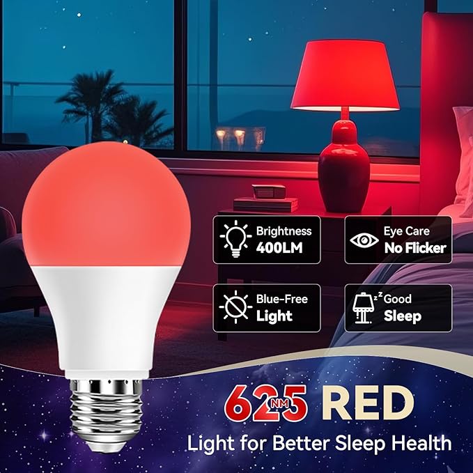 Neporal 625nm Red Light Bulbs for Sleep 3W, 100% Blue Light Blocking Light Bulbs for Melatonin Promoting, A19 LED 40W Equivalent Soft Red Night Light Bulb for Baby Nursery, Sleeping, Reading, 4-Pack